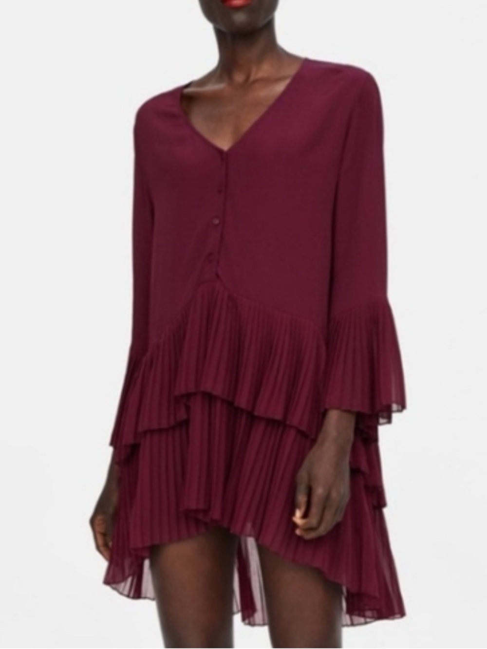 Zara Burgundy Asymmetrical Pleated Tiered V-Neck Dress